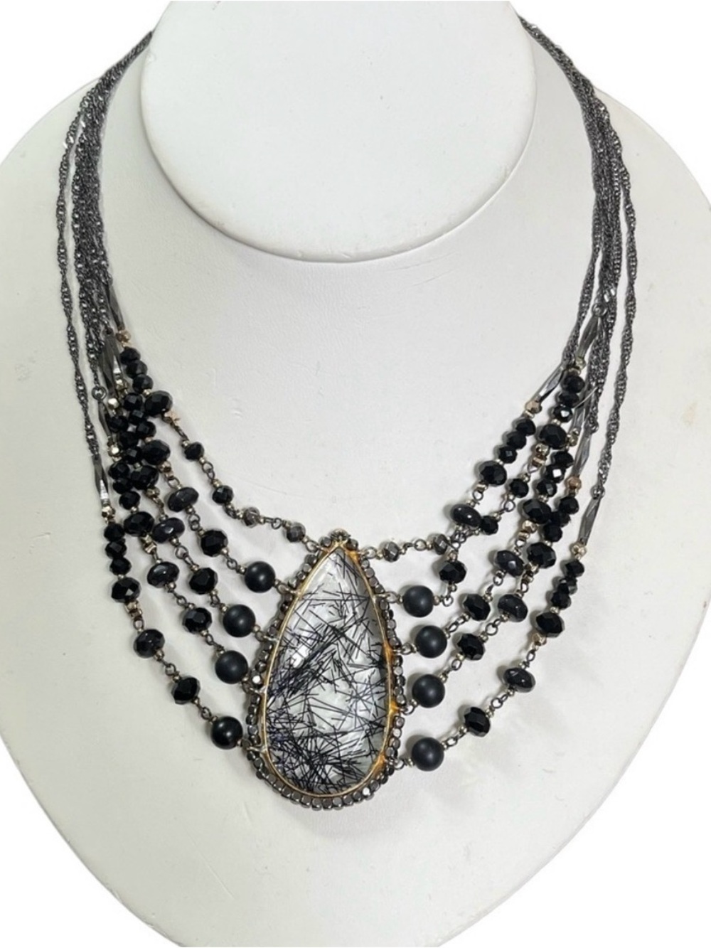 Nakamol 5 Strand Beaded Chain Necklace Agate Quartz Stunning Sweatheart Black